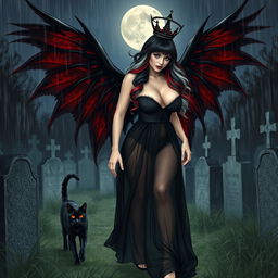 A photographic image depicting a beautiful, innocent, curvy, sexy girl with very long black, red, and silver hair