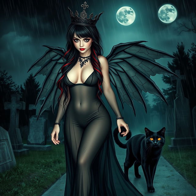 A photographic image depicting a beautiful, innocent, curvy, sexy girl with very long black, red, and silver hair