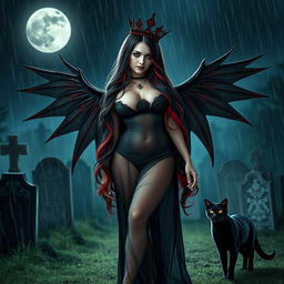 A photographic image of a beautiful, innocent, curvy, sexy girl with very long black, red, and silver hair flowing elegantly