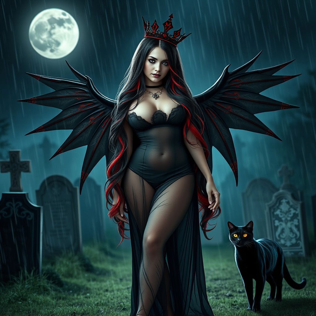 A photographic image of a beautiful, innocent, curvy, sexy girl with very long black, red, and silver hair flowing elegantly