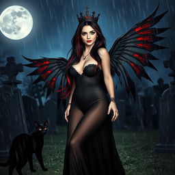 A photographic image of a beautiful, innocent, curvy, sexy girl with very long black, red, and silver hair flowing elegantly