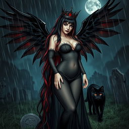 A photographic image of a beautiful, innocent, curvy, sexy girl with very long black, red, and silver hair flowing elegantly