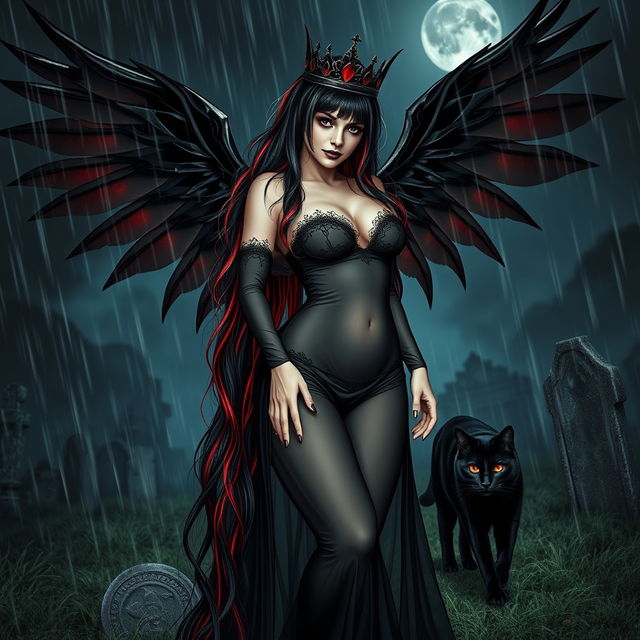 A photographic image of a beautiful, innocent, curvy, sexy girl with very long black, red, and silver hair flowing elegantly