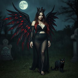 A photographic image showcasing a very beautiful, innocent, curvy, sexy girl with very long black, red, and silver hair flowing elegantly around her