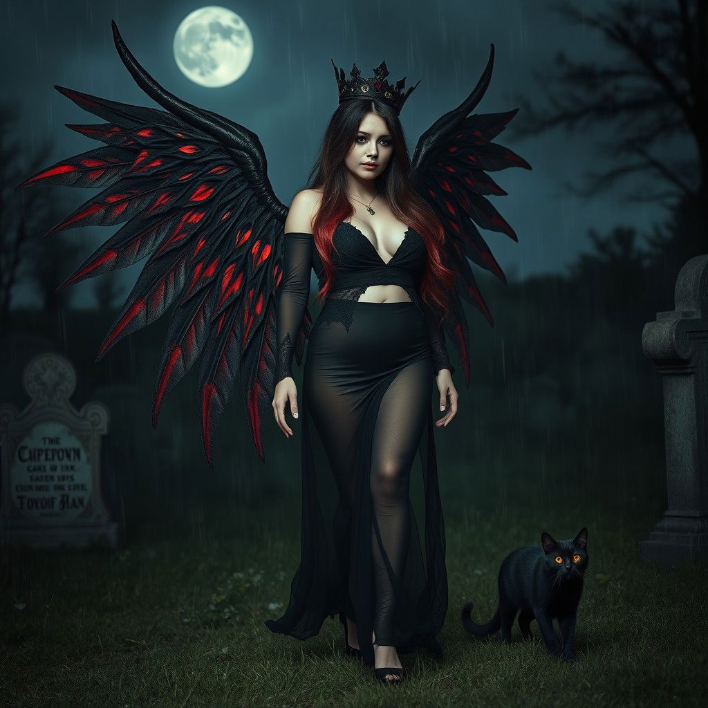 A photographic image showcasing a very beautiful, innocent, curvy, sexy girl with very long black, red, and silver hair flowing elegantly around her