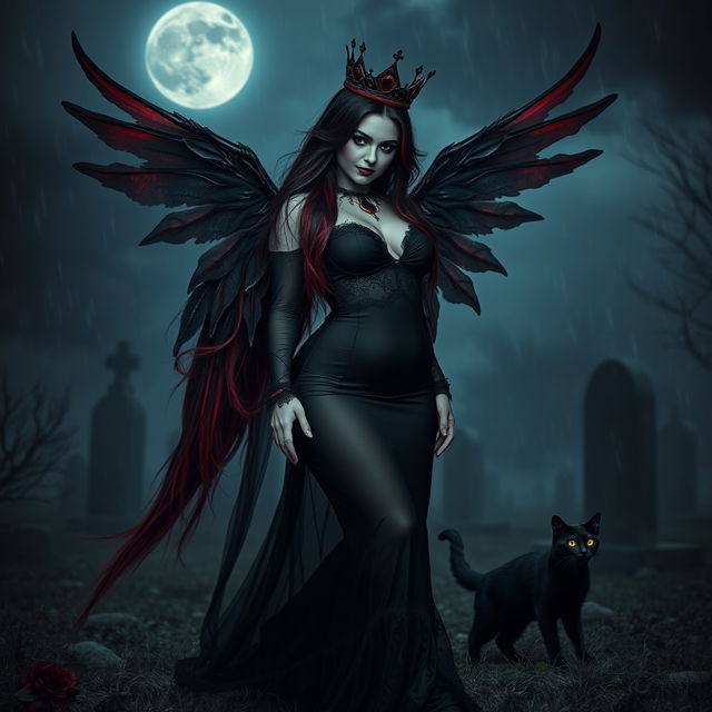 A photographic image showcasing a very beautiful, innocent, curvy, sexy girl with very long black, red, and silver hair flowing elegantly around her