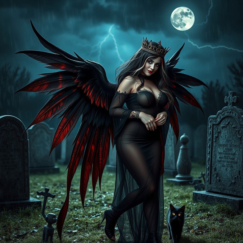 A photographic image capturing a very beautiful, innocent, curvy, sexy girl with very long black, red, and silver hair cascading down her back