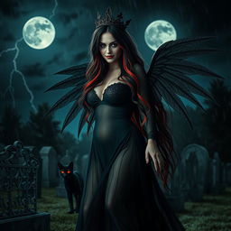 A photographic image capturing a very beautiful, innocent, curvy, sexy girl with very long black, red, and silver hair cascading down her back