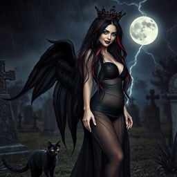 A photographic image capturing a very beautiful, innocent, curvy, sexy girl with very long black, red, and silver hair cascading down her back