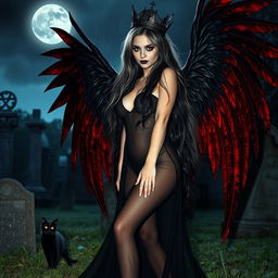 A photographic image featuring a very beautiful, innocent, curvy, sexy girl with incredibly long black, red, and silver hair cascading elegantly around her