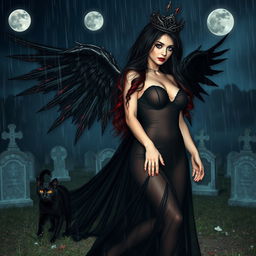 A photographic image featuring a very beautiful, innocent, curvy, sexy girl with incredibly long black, red, and silver hair cascading elegantly around her