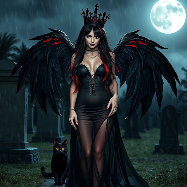 A photographic image featuring a very beautiful, innocent, curvy, sexy girl with incredibly long black, red, and silver hair cascading elegantly around her