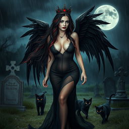 A photographic image of a very beautiful, innocent, curvy, sexy girl with extraordinarily long black, red, and silver hair that flows dramatically as she walks