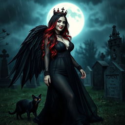 A photographic image of a very beautiful, innocent, curvy, sexy girl with extraordinarily long black, red, and silver hair that flows dramatically as she walks