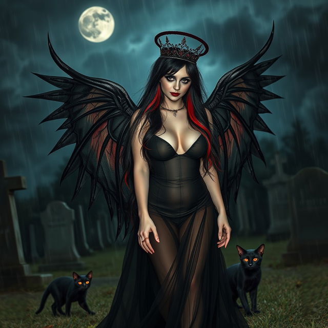 A photographic image of a very beautiful, innocent, curvy, sexy girl with extraordinarily long black, red, and silver hair that flows dramatically as she walks