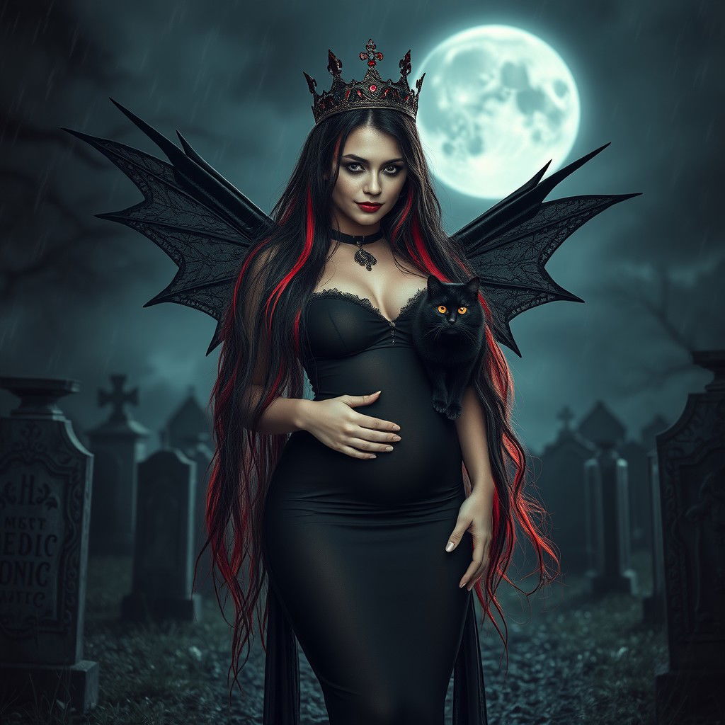 A photographic image of a very beautiful, innocent, curvy, sexy girl with extraordinarily long black, red, and silver hair that cascades down her shoulders