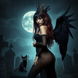 A photographic image of a very beautiful, innocent, curvy, sexy girl with extraordinarily long black, red, and silver hair that cascades down her shoulders