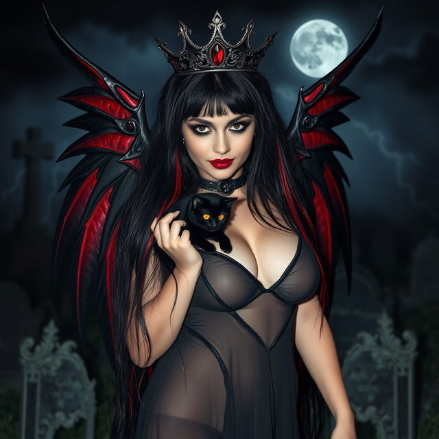 A photographic image of a very beautiful, innocent, curvy, sexy girl with extraordinarily long black, red, and silver hair that cascades down her shoulders