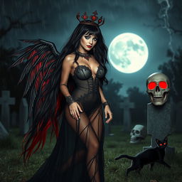 A photographic image of a beautiful, innocent, curvy, sexy girl with extraordinarily long black, red, and silver hair flowing elegantly as she walks