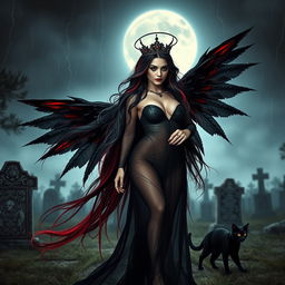 A photographic image of a beautiful, innocent, curvy, sexy girl with extraordinarily long black, red, and silver hair flowing elegantly as she walks