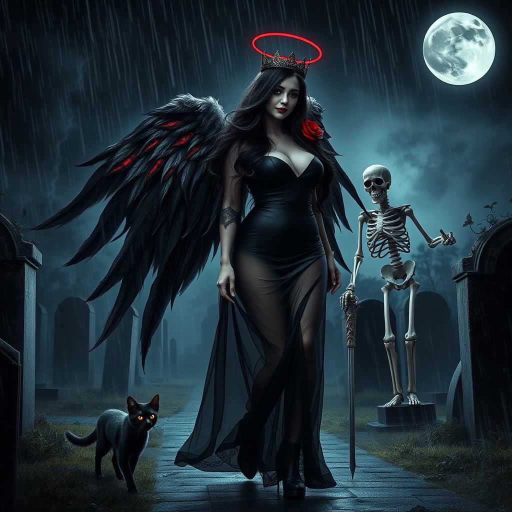 A photographic image of a beautiful, innocent, curvy, sexy girl with extraordinarily long black, red, and silver hair that flows ethereally as she walks