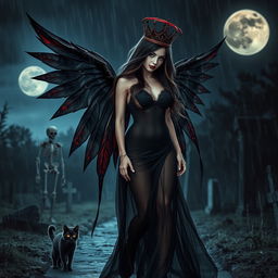 A photographic image of a beautiful, innocent, curvy, sexy girl with extraordinarily long black, red, and silver hair that flows ethereally as she walks