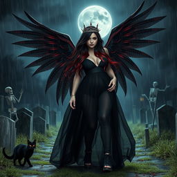 A photographic image of a beautiful, innocent, curvy, sexy girl with extraordinarily long black, red, and silver hair that flows ethereally as she walks