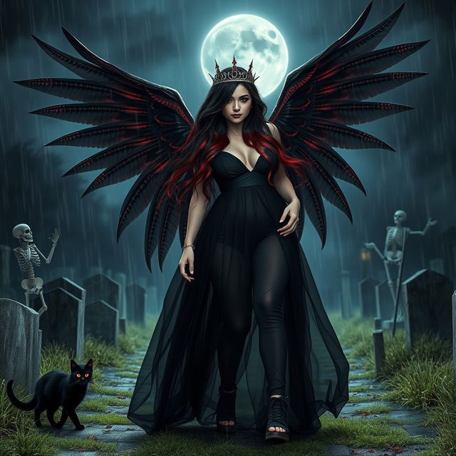 A photographic image of a beautiful, innocent, curvy, sexy girl with extraordinarily long black, red, and silver hair that flows ethereally as she walks