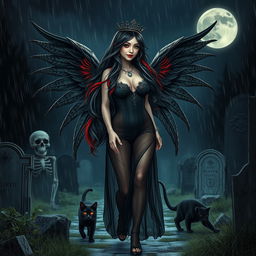 A photographic image of a beautiful, innocent, curvy, sexy girl with extraordinarily long black, red, and silver hair cascading around her