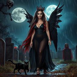 A photographic image of a beautiful, innocent, curvy, sexy girl with extraordinarily long black, red, and silver hair cascading around her