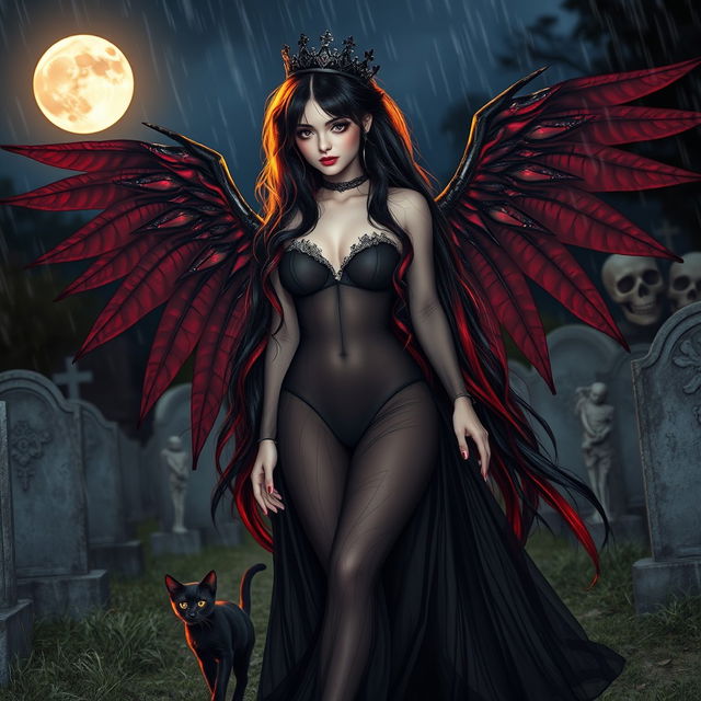 A photographic image of a beautiful, innocent, curvy, sexy girl with extraordinarily long black, red, and silver hair cascading around her