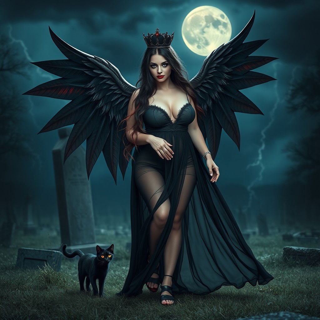 A photographic image of a beautiful, innocent, curvy, sexy girl with extraordinarily long black, red, and silver hair that flows gracefully as she walks