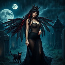 A photographic image of a beautiful, innocent, curvy, sexy girl with extraordinarily long black, red, and silver hair flowing elegantly