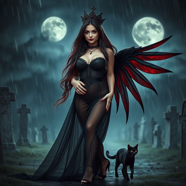 A photographic image of a beautiful, innocent, curvy, sexy girl with extraordinarily long black, red, and silver hair flowing elegantly