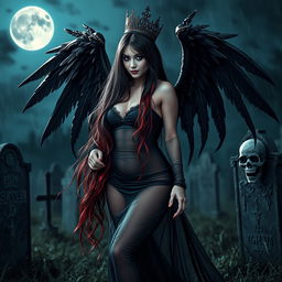 A photographic image of a beautiful, innocent, curvy, sexy girl with extraordinarily long black, red, and silver hair flowing elegantly