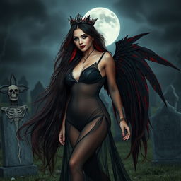 A photographic image of a beautiful, innocent, curvy, sexy girl with extraordinarily long black, red, and silver hair flowing elegantly