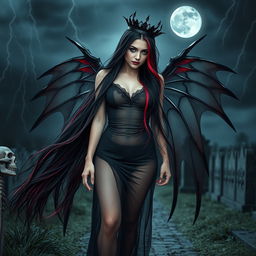 A photographic image of a beautiful, innocent, curvy, sexy girl with extraordinarily long black, red, and silver hair flowing elegantly