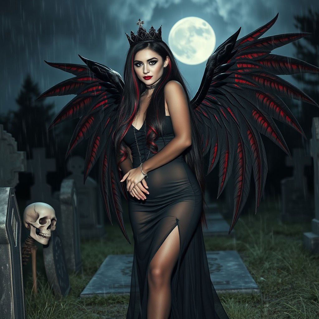 A photographic image of a beautiful, innocent, curvy, sexy girl with extraordinarily long black, red, and silver hair that cascades down her back