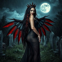 A photographic image of a beautiful, innocent, curvy, sexy girl with extraordinarily long black, red, and silver hair that cascades down her back