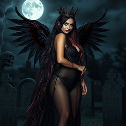 A photographic image of a very beautiful, sexy, innocent, curvy girl with exceptionally long black, red, and silver hair cascading down her back