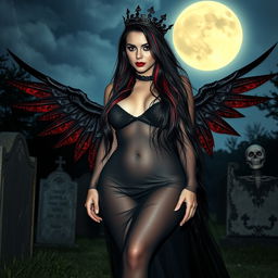 A photographic image of a very beautiful, sexy, innocent, curvy girl with exceptionally long black, red, and silver hair cascading down her back