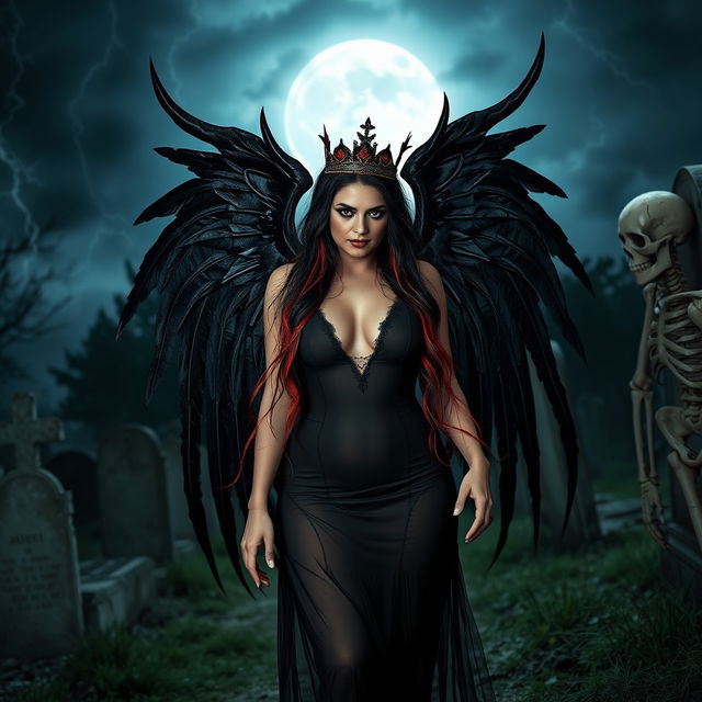 A photographic image of a very beautiful, sexy, innocent, curvy girl with exceptionally long black, red, and silver hair cascading down her back