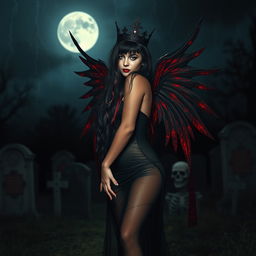 A photographic image of a very beautiful, sexy, innocent, curvy girl with long flowing black, red, and silver hair that cascades down her back