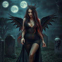 A photographic image of a very beautiful, sexy, innocent, curvy girl with long flowing black, red, and silver hair that cascades down her back