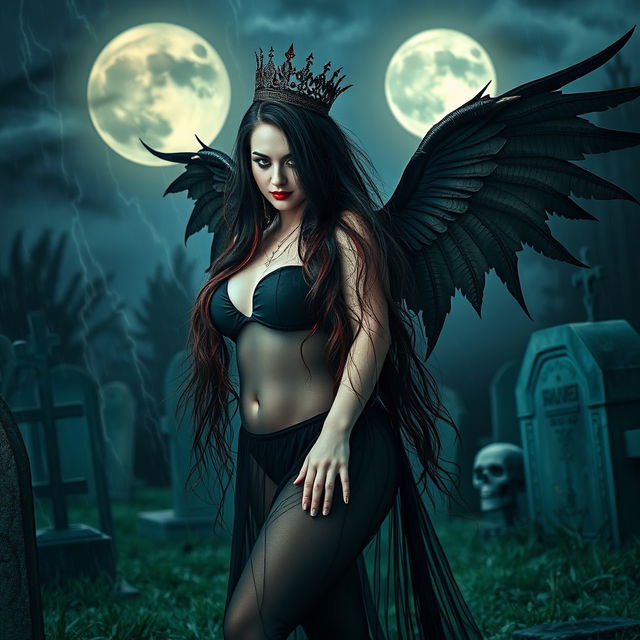 A photographic image of a very beautiful, sexy, innocent, curvy girl with long flowing black, red, and silver hair that cascades down her back