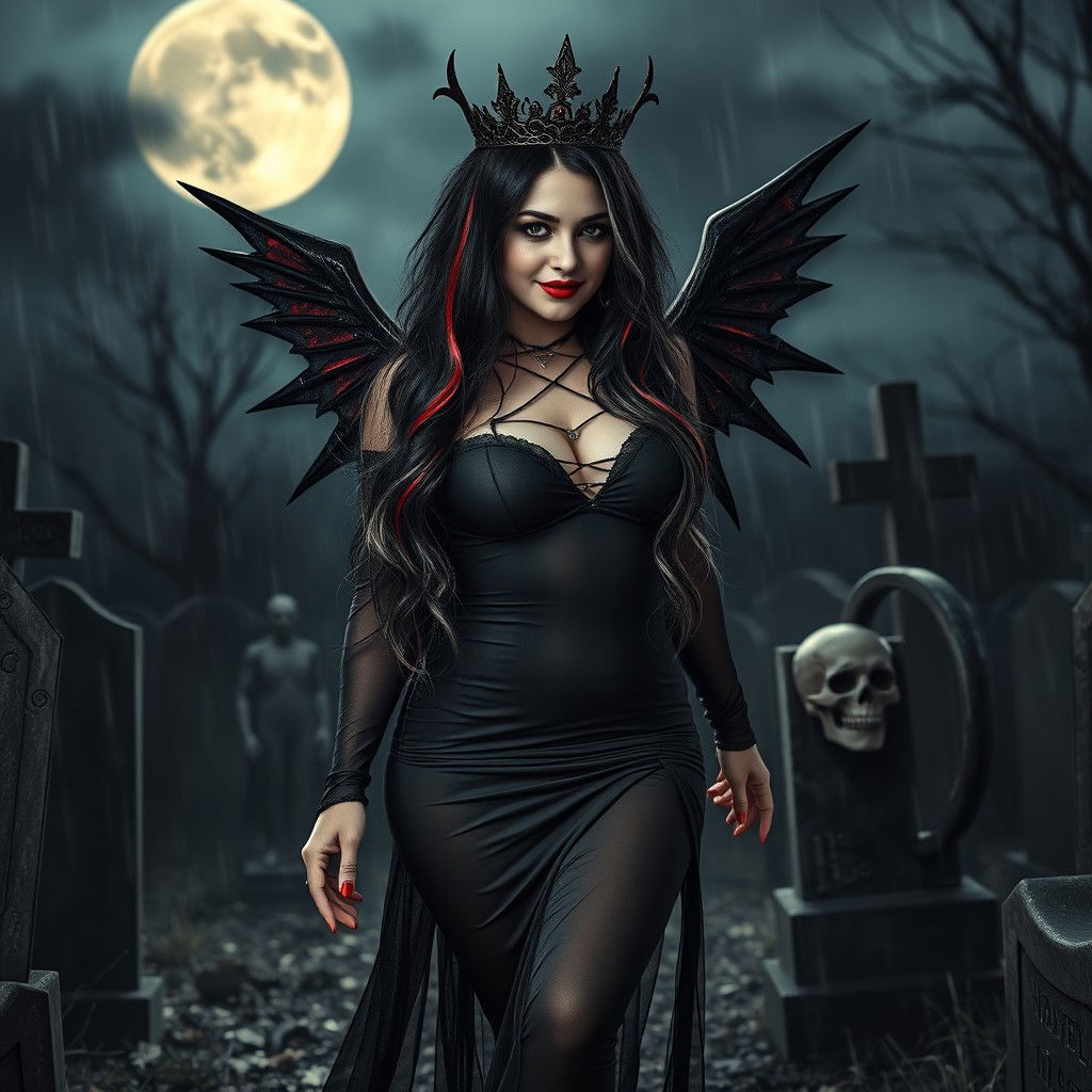 A photographic image of a very beautiful, sexy, innocent, curvy girl with extraordinarily long black, red, and silver hair cascading elegantly down her back