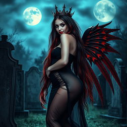 A photographic image of a very beautiful, sexy, innocent, curvy girl with extraordinarily long black, red, and silver hair cascading elegantly down her back