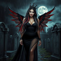 A photographic image of a very beautiful, sexy, innocent, curvy girl with extraordinarily long black, red, and silver hair cascading elegantly down her back