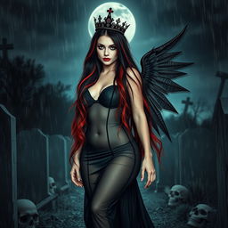 A photographic image of a very beautiful, sexy, innocent, curvy girl with extraordinarily long black, red, and silver hair cascading elegantly down her back