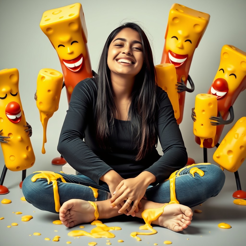 A very attractive young Pakistani woman, 18 years old, is sitting criss-cross with her eyes closed, smiling joyfully